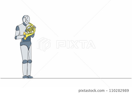 Continuous one line drawing robot musician performing classic melody on horn. Instrumentalist on brass instrument. Humanoid robot cybernetic organism. Single line graphic design vector illustration 110282989