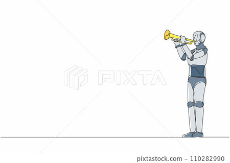 Single one line drawing robot playing trumpet at jazz music orchestra. Future technology development. Artificial intelligence and machine learning processes. Continuous line design vector illustration Single one line drawing robot playing trumpet at jazz music orchestra. Future technology development. Artificial intelligence and machine learning processes. Continuous line design vector illustration 110282990