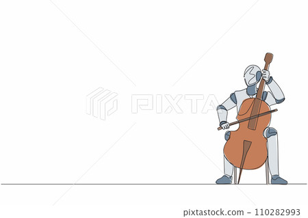 Single one line drawing robot playing stringed contrabass or cello. Future technology development. Artificial intelligence and machine learning. Continuous line draw design graphic vector illustration 110282993