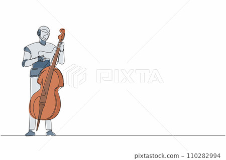 Continuous one line drawing robot musician playing double bass or contrabassist with finger. Humanoid robot cybernetic organism. Future robotic development. Single line draw design vector illustration 110282994