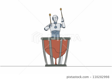 Single continuous line drawing robot percussion player holding stick and play timpani. Robotic artificial intelligence. Electronic technology industry. One line draw graphic design vector illustration Single continuous line drawing robot percussion player holding stick and play timpani. Robotic artificial intelligence. Electronic technology industry. One line draw graphic design vector illustration 110282998