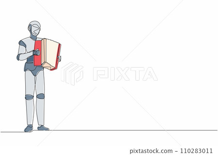 Single one line drawing robot musician playing accordion. Accordionist perform on stage. Future technology development. Artificial intelligence. Continuous line draw design graphic vector illustration Single one line drawing robot musician playing accordion. Accordionist perform on stage. Future technology development. Artificial intelligence. Continuous line draw design graphic vector illustration 110283011