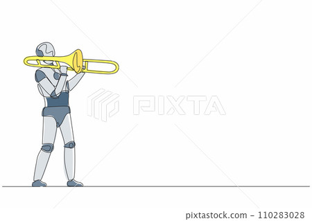 Continuous one line drawing robot play trombone wind instrument at classic music event. Humanoid robot cybernetic organism. Future robotic development. Single line design vector graphic illustration Continuous one line drawing robot play trombone wind instrument at classic music event. Humanoid robot cybernetic organism. Future robotic development. Single line design vector graphic illustration 110283028