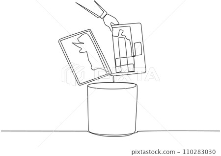 Continuous one line drawing businessman's hand throwing away a laptop with a cracked screen. The latest technology that cannot be utilized. Useless. Broken. Single line draw design vector illustration Continuous one line drawing businessman's hand throwing away a laptop with a cracked screen. The latest technology that cannot be utilized. Useless. Broken. Single line draw design vector illustration 110283030