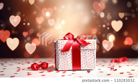 Gift box with red bow in interior on the background of bokeh effect. 110283032