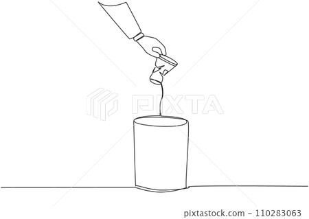 Single one line drawing businessman's hand throws away a crushed paper cup. The correct way to dispose of it. Cannot be misused by irresponsible people. Continuous line design graphic illustration 110283063