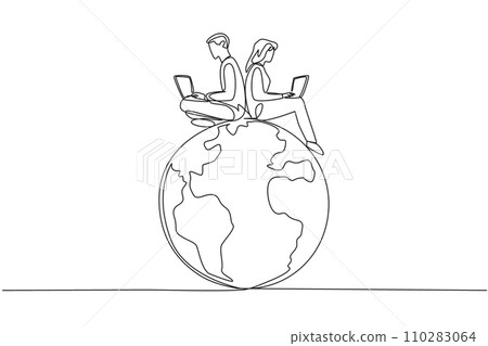 Single one line drawing man and woman sitting on globe typing on a laptop. Plan and create broadcast messages to jointly protect the beauty of the earth. Continuous line design graphic illustration 110283064