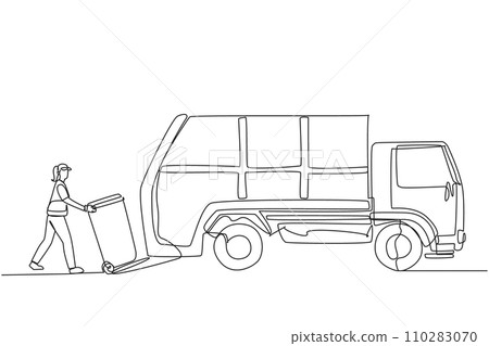 Single continuous line drawing trash woman loads the trash can into the trash truck. The next part is taken to the landfill. Cleaning up the environment. Recycling. One line design vector illustration Single continuous line drawing trash woman loads the trash can into the trash truck. The next part is taken to the landfill. Cleaning up the environment. Recycling. One line design vector illustration 110283070