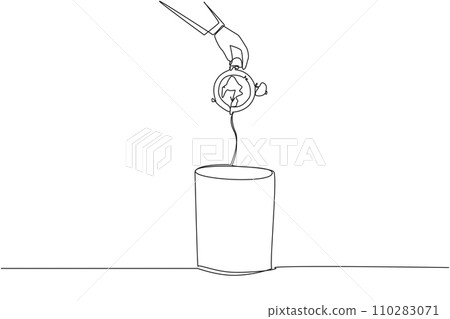 Single continuous line drawing businessman's hand throwing away a broken alarm clock. Able to work effectively and efficiently. Able to utilize time. Time is money. One line design vector illustration 110283071
