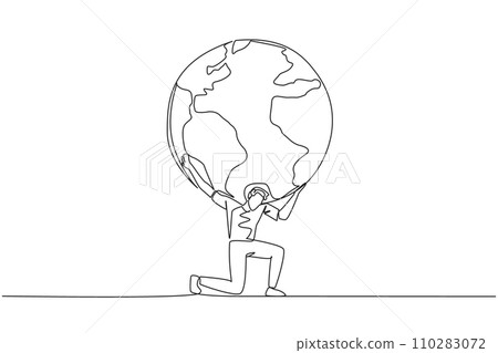 Single continuous line drawing a man kneels while cradling a globe. Alone it will be difficult to look after the earth. An invitation to preserve nature. Earth day. One line design vector illustration 110283072