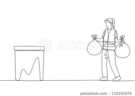 Single continuous line drawing trash woman carrying two plastic trash bags. Bring household rubbish to throw in the rubbish bin. Consciously maintain cleanliness. One line design vector illustration 110283076