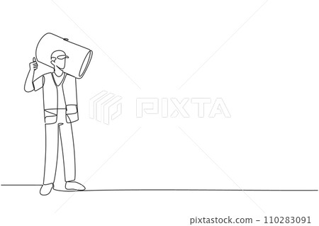 Single one line drawing trash man carrying a trash can giving a thumbs up. Enthusiastic and cheerful when cleaning the environment. Good responsibility. Continuous line design graphic illustration Single one line drawing trash man carrying a trash can giving a thumbs up. Enthusiastic and cheerful when cleaning the environment. Good responsibility. Continuous line design graphic illustration 110283091