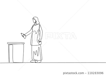 Single continuous line drawing Arabian woman throw used plastic bottles into overflowing trash cans. Environmental care. Provide examples of commendable actions. One line design vector illustration 110283096