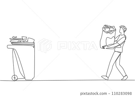 Single one line drawing a young man walked carrying a trash bag in both hands towards the trash can. A campaign for environmental advertising. Lifestyle. Continuous line design graphic illustration Single one line drawing a young man walked carrying a trash bag in both hands towards the trash can. A campaign for environmental advertising. Lifestyle. Continuous line design graphic illustration 110283098