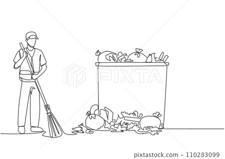 Continuous one line drawing trash man cleans rubbish by sweeping it into a pile of rubbish. With large trash can, it can accommodate all rubbish. Good job. Single line draw design vector illustration 110283099