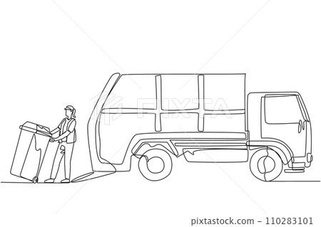 Continuous one line drawing trash woman pulling wheeled trash can towards garbage truck. Using a hat to reduce heat tries to reduce environmental pollution. Single line draw design vector illustration 110283101