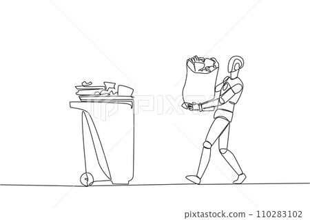 Continuous one line drawing robot walked carrying a trash bag in both hands towards the trash can. Robots help social activities to clean the environment. Single line draw design vector illustration 110283102