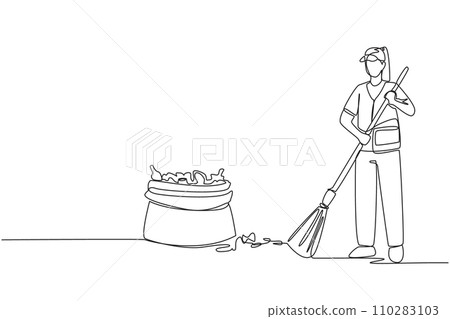 Continuous one line drawing trash woman cleaning trash with broom. There is a large piece of plastic trash nearby. Clean fresh air, does not pollute lungs. Single line draw design vector illustration 110283103