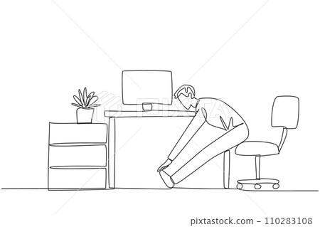 Single continuous line drawing man sits in work chair with his legs straightened, hands hold legs. Light stretching avoids leg cramps. Work overtime on weekends. One line design vector illustration Single continuous line drawing man sits in work chair with his legs straightened, hands hold legs. Light stretching avoids leg cramps. Work overtime on weekends. One line design vector illustration 110283108