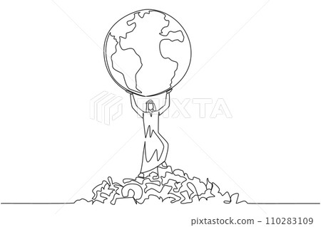 Single continuous line drawing Arab man raises globe with both hands. Keep earth free from scattered rubbish. Environmental care. Protect the earth. Love the earth. One line design vector illustration Single continuous line drawing Arab man raises globe with both hands. Keep earth free from scattered rubbish. Environmental care. Protect the earth. Love the earth. One line design vector illustration 110283109
