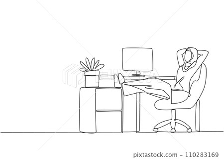 Continuous one line drawing Arab woman sits in work chair with her hands behind head and legs raised on work desk. Relax for a moment. Improves better mood. Single line draw design vector illustration 110283169