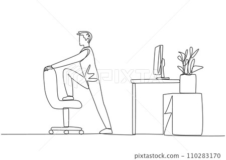 Single one line drawing the man stands while lifting one of his legs onto a chair. Work overtime on weekends. Balance work and exercise. Keeping focused. Continuous line design graphic illustration 110283170
