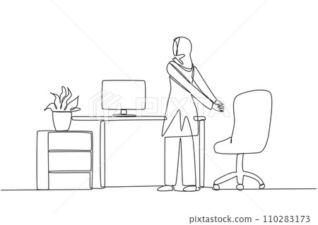 Single continuous line drawing Arabian woman stands with her hands behind her back. Stretching while reviewing the many reports that have been received. Overtime. One line design vector illustration 110283173