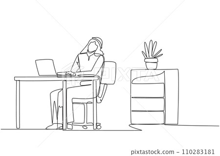 Continuous one line drawing Arab man sitting in work chair typing on a laptop with his head tilted. Stretching. Eliminates stiff neck due to being too busy. Single line draw design vector illustration Continuous one line drawing Arab man sitting in work chair typing on a laptop with his head tilted. Stretching. Eliminates stiff neck due to being too busy. Single line draw design vector illustration 110283181
