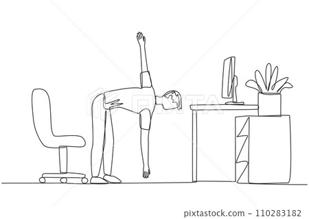 Single continuous line drawing man stands with one hand raised and the other hand holding the tip of leg. Stretch before working overtime on the weekend. Spirit. One line design vector illustration Single continuous line drawing man stands with one hand raised and the other hand holding the tip of leg. Stretch before working overtime on the weekend. Spirit. One line design vector illustration 110283182