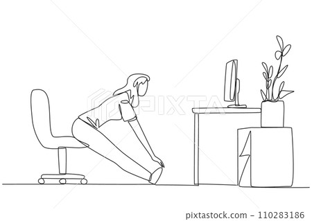 Single continuous line drawing woman sitting in work chair with legs straightened. Exercise following the instructions on the screen. Relaxing during work. Calm. One line design vector illustration Single continuous line drawing woman sitting in work chair with legs straightened. Exercise following the instructions on the screen. Relaxing during work. Calm. One line design vector illustration 110283186