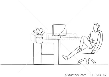 Continuous one line drawing man sits in work chair with one of legs raised and folded. Work overtime on weekends. Pay attention to stagnant projects. Relax. Single line draw design vector illustration Continuous one line drawing man sits in work chair with one of legs raised and folded. Work overtime on weekends. Pay attention to stagnant projects. Relax. Single line draw design vector illustration 110283187