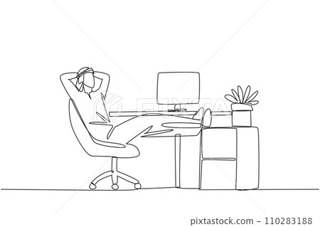 Continuous one line drawing Arab man sits in work chair with his hands behind head and his legs raised on work desk. Relax. Ready to meet the next deadline. Single line draw design vector illustration Continuous one line drawing Arab man sits in work chair with his hands behind head and his legs raised on work desk. Relax. Ready to meet the next deadline. Single line draw design vector illustration 110283188