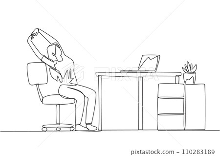 Continuous one line drawing woman sitting in work chair while raising both hands. Tense because too focused. Relax for a moment before continuing work. Single line draw design vector illustration Continuous one line drawing woman sitting in work chair while raising both hands. Tense because too focused. Relax for a moment before continuing work. Single line draw design vector illustration 110283189