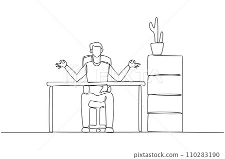 Single one line drawing man sitting in a work chair with his fingers rounded. Calm. Doing yoga during work overtime on the weekend. Meditation to relaxing. Continuous line design graphic illustration Single one line drawing man sitting in a work chair with his fingers rounded. Calm. Doing yoga during work overtime on the weekend. Meditation to relaxing. Continuous line design graphic illustration 110283190