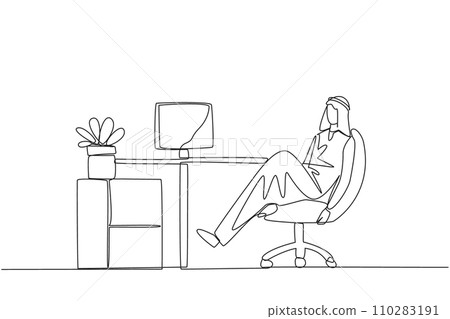 Single continuous line drawing Arab man sits in work chair with one of legs raised and folded. Take a break from busy overtime on weekend. Restore the mood. Hectic. One line design vector illustration Single continuous line drawing Arab man sits in work chair with one of legs raised and folded. Take a break from busy overtime on weekend. Restore the mood. Hectic. One line design vector illustration 110283191