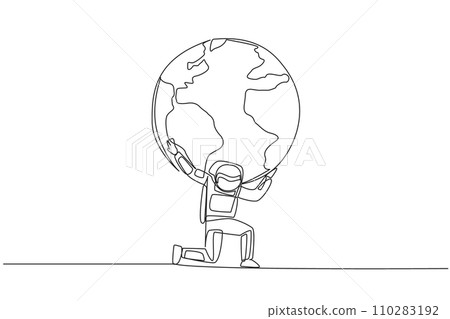 Single one line drawing astronaut kneels while cradling a globe. Fighting alone is very tiring. An invitation to protect the earth together. Cosmonaut care. Continuous line design graphic illustration Single one line drawing astronaut kneels while cradling a globe. Fighting alone is very tiring. An invitation to protect the earth together. Cosmonaut care. Continuous line design graphic illustration 110283192