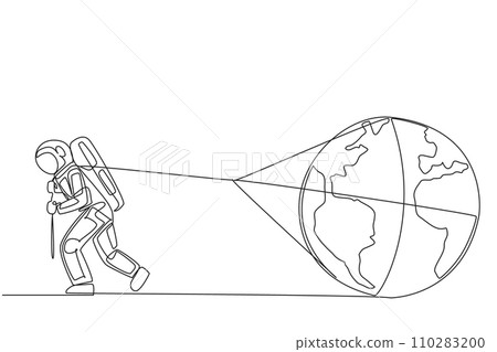 Continuous one line drawing astronaut struggled to pull globe. Earth is always peaceful and beautiful is anyone's dream. Cosmonauts guard it from damage. Single line draw design vector illustration 110283200