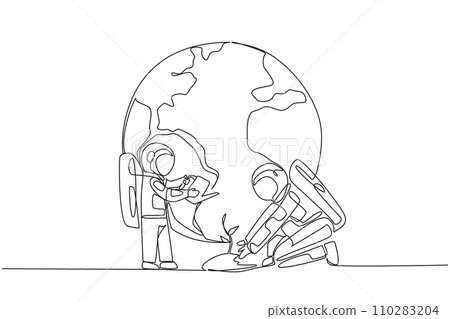 Single one line drawing little astronaut standing watering the plants. A special lesson to love the earth. Teach from an early age. Cosmonaut save planet. Continuous line design graphic illustration 110283204
