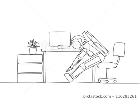Single one line drawing astronaut sits in work chair with his legs straightened, hands hold legs. Relax. Stretch because the foot feel sore. Cosmonaut. Continuous line design graphic illustration Single one line drawing astronaut sits in work chair with his legs straightened, hands hold legs. Relax. Stretch because the foot feel sore. Cosmonaut. Continuous line design graphic illustration 110283261