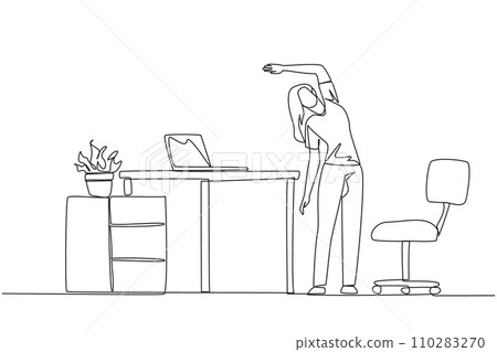 Single one line drawing woman stands while raising one hand and tilting body. Doing exercise during work. Functions to eliminate drowsiness. Overtime. Continuous line design graphic illustration 110283270