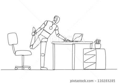 Single continuous line drawing robot standing with one leg raised and his hand typing on a laptop. Multitasking robots. Work while stretching. Future technology AI. One line design vector illustration 110283285