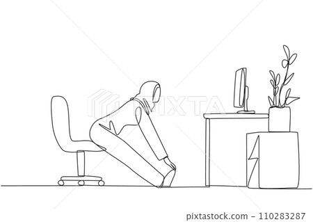 Continuous one line drawing Arabian woman sitting in work chair with legs straightened. Stretching. Flex muscles. Ready to work overtime on the weekend. Single line draw design vector illustration Continuous one line drawing Arabian woman sitting in work chair with legs straightened. Stretching. Flex muscles. Ready to work overtime on the weekend. Single line draw design vector illustration 110283287