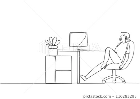 Single one line drawing woman sits in work chair with one of legs raised and folded. Do some warm-up movements. Eyes are tired and need to focus. Overtime. Continuous line design graphic illustration 110283293