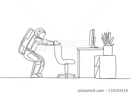 Single continuous line drawing astronaut stands with a slight bend and both hands hold the top of chair. Stretching. Nervous. It's time to go on a space expedition. One line design vector illustration 110283310
