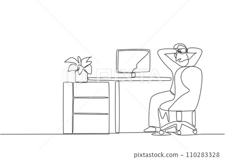 one continuous line drawing woman sitting in work chair stretching her hand up behind her head. Body relaxing. Work refreshing to get focus. Overtime. Tired. Single line design graphic illustration one continuous line drawing woman sitting in work chair stretching her hand up behind her head. Body relaxing. Work refreshing to get focus. Overtime. Tired. Single line design graphic illustration 110283328