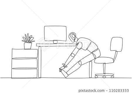 Single continuous line drawing robot sits in work chair with his legs straightened, hands hold legs. Feasibility trial. Algorithm improvements. Future technology. One line design vector illustration 110283333
