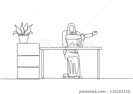 Continuous one line drawing Arabian woman sitting in a work chair with her arms crossed. Stretching in the office. Do light exercise before work. Overtime. Single line draw design vector illustration 110283338