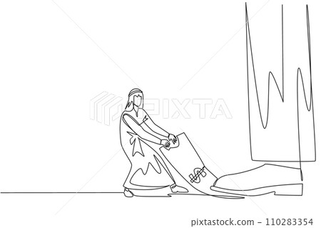 Single one line drawing Arab businessman pulling banknotes that were stepped on by the giant feet. Seize payment rights from unjust sovereigns. Struggle. Continuous line design graphic illustration 110283354
