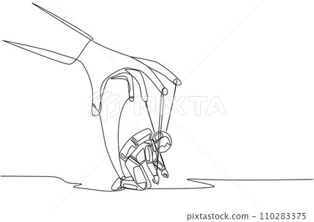Continuous one line drawing astronaut kneel, entire body bound by rope controlled by giant hand. There is no hope for expedition to the moon. Like puppet. Single line draw design vector illustration 110283375