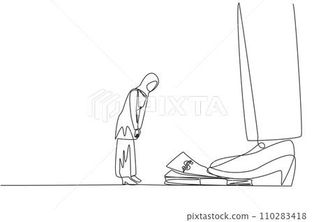 Single one line drawing Arab businesswoman nodded in front of giant foot stepping on wad of banknotes. Request payment is not withheld. Business continuity. Continuous line design graphic illustration Single one line drawing Arab businesswoman nodded in front of giant foot stepping on wad of banknotes. Request payment is not withheld. Business continuity. Continuous line design graphic illustration 110283418